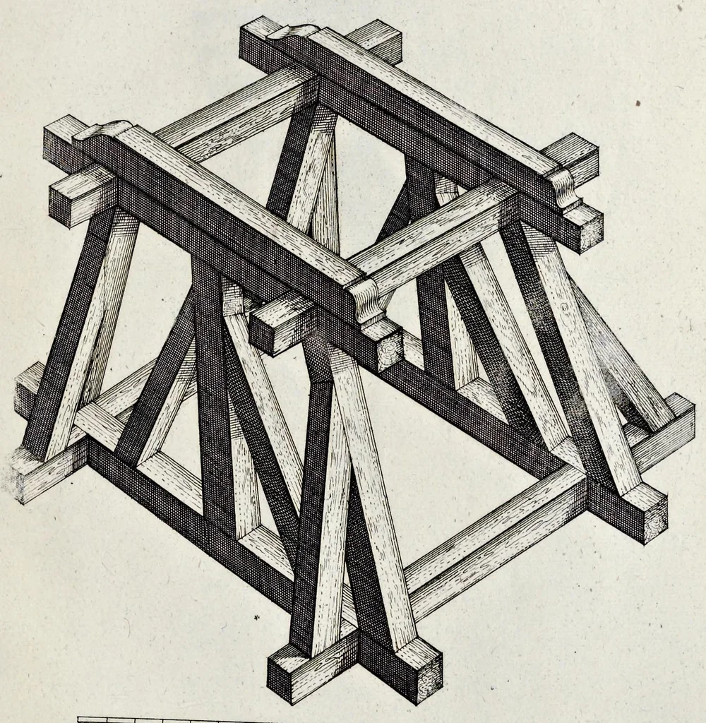 An illustration from Architectura civilis, oder, Beschreibung und Vorreissung vieler vornehmer Dachwerck, als hoher Helmen, Creutzdächer, Wiederkehrungen, welscher Hauben, auch Kelter, Fallbrücken : item allerley Pressen, Schnecken oder Windelstiegen und andern dergleichen mechanischen Fabrichen : alles mit höchsten Fleiss zusammen getragen, und der lieben Jugend, sonderlich aber allen Kunstliebhabern der Architectur zu Nutz und Dienst an Tag gegeben, 1675, leaf 132