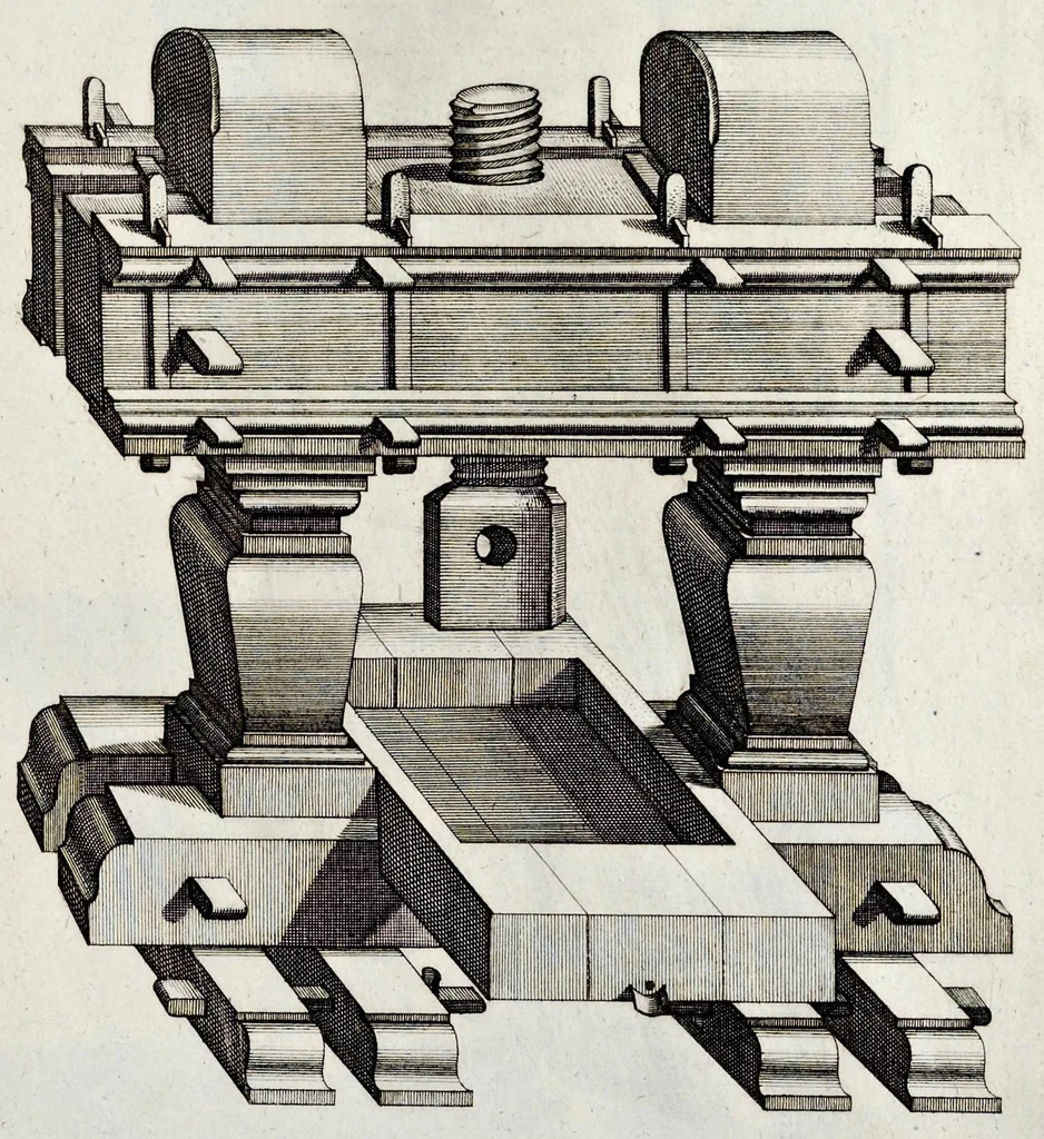 An illustration from Architectura civilis, oder, Beschreibung und Vorreissung vieler vornehmer Dachwerck, als hoher Helmen, Creutzdächer, Wiederkehrungen, welscher Hauben, auch Kelter, Fallbrücken : item allerley Pressen, Schnecken oder Windelstiegen und andern dergleichen mechanischen Fabrichen : alles mit höchsten Fleiss zusammen getragen, und der lieben Jugend, sonderlich aber allen Kunstliebhabern der Architectur zu Nutz und Dienst an Tag gegeben, 1675, leaf 138