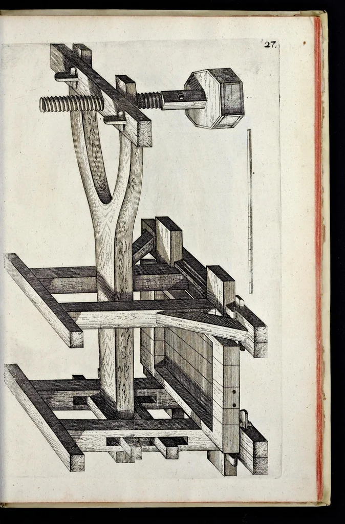 An illustration from Architectura civilis, oder, Beschreibung und Vorreissung vieler vornehmer Dachwerck, als hoher Helmen, Creutzdächer, Wiederkehrungen, welscher Hauben, auch Kelter, Fallbrücken : item allerley Pressen, Schnecken oder Windelstiegen und andern dergleichen mechanischen Fabrichen : alles mit höchsten Fleiss zusammen getragen, und der lieben Jugend, sonderlich aber allen Kunstliebhabern der Architectur zu Nutz und Dienst an Tag gegeben, 1675, leaf 140
