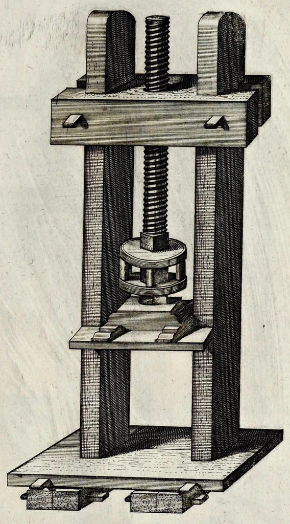 An illustration from Architectura civilis, oder, Beschreibung und Vorreissung vieler vornehmer Dachwerck, als hoher Helmen, Creutzdächer, Wiederkehrungen, welscher Hauben, auch Kelter, Fallbrücken : item allerley Pressen, Schnecken oder Windelstiegen und andern dergleichen mechanischen Fabrichen : alles mit höchsten Fleiss zusammen getragen, und der lieben Jugend, sonderlich aber allen Kunstliebhabern der Architectur zu Nutz und Dienst an Tag gegeben, 1675, leaf 142