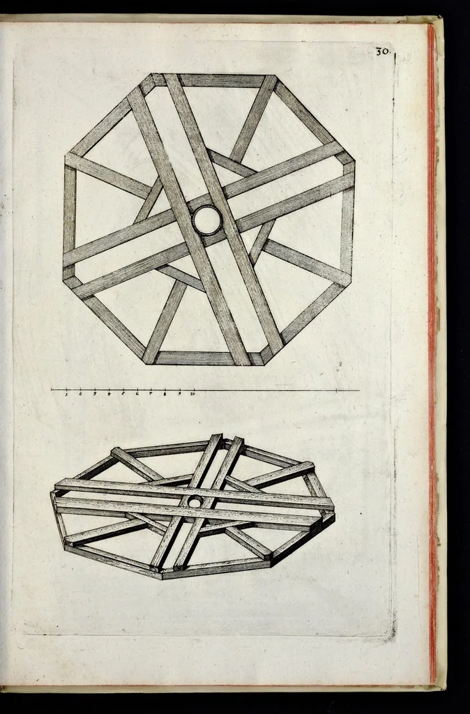 An illustration from Architectura civilis, oder, Beschreibung und Vorreissung vieler vornehmer Dachwerck, als hoher Helmen, Creutzdächer, Wiederkehrungen, welscher Hauben, auch Kelter, Fallbrücken : item allerley Pressen, Schnecken oder Windelstiegen und andern dergleichen mechanischen Fabrichen : alles mit höchsten Fleiss zusammen getragen, und der lieben Jugend, sonderlich aber allen Kunstliebhabern der Architectur zu Nutz und Dienst an Tag gegeben, 1675, leaf 146