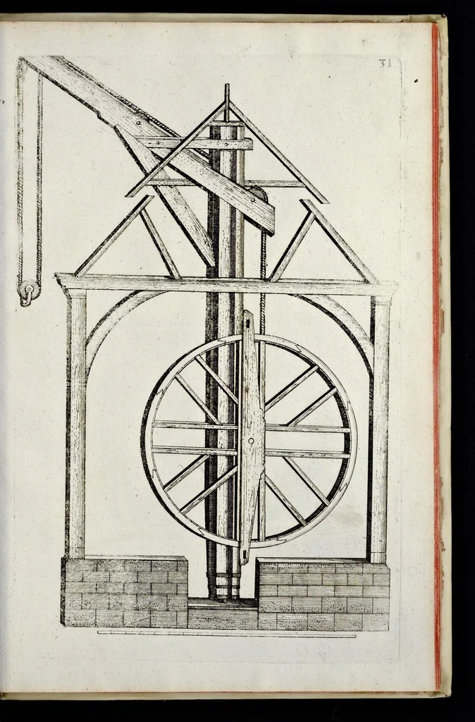 An illustration from Architectura civilis, oder, Beschreibung und Vorreissung vieler vornehmer Dachwerck, als hoher Helmen, Creutzdächer, Wiederkehrungen, welscher Hauben, auch Kelter, Fallbrücken : item allerley Pressen, Schnecken oder Windelstiegen und andern dergleichen mechanischen Fabrichen : alles mit höchsten Fleiss zusammen getragen, und der lieben Jugend, sonderlich aber allen Kunstliebhabern der Architectur zu Nutz und Dienst an Tag gegeben, 1675, leaf 148