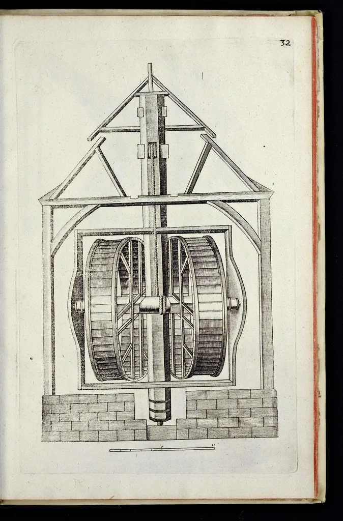 An illustration from Architectura civilis, oder, Beschreibung und Vorreissung vieler vornehmer Dachwerck, als hoher Helmen, Creutzdächer, Wiederkehrungen, welscher Hauben, auch Kelter, Fallbrücken : item allerley Pressen, Schnecken oder Windelstiegen und andern dergleichen mechanischen Fabrichen : alles mit höchsten Fleiss zusammen getragen, und der lieben Jugend, sonderlich aber allen Kunstliebhabern der Architectur zu Nutz und Dienst an Tag gegeben, 1675, leaf 150