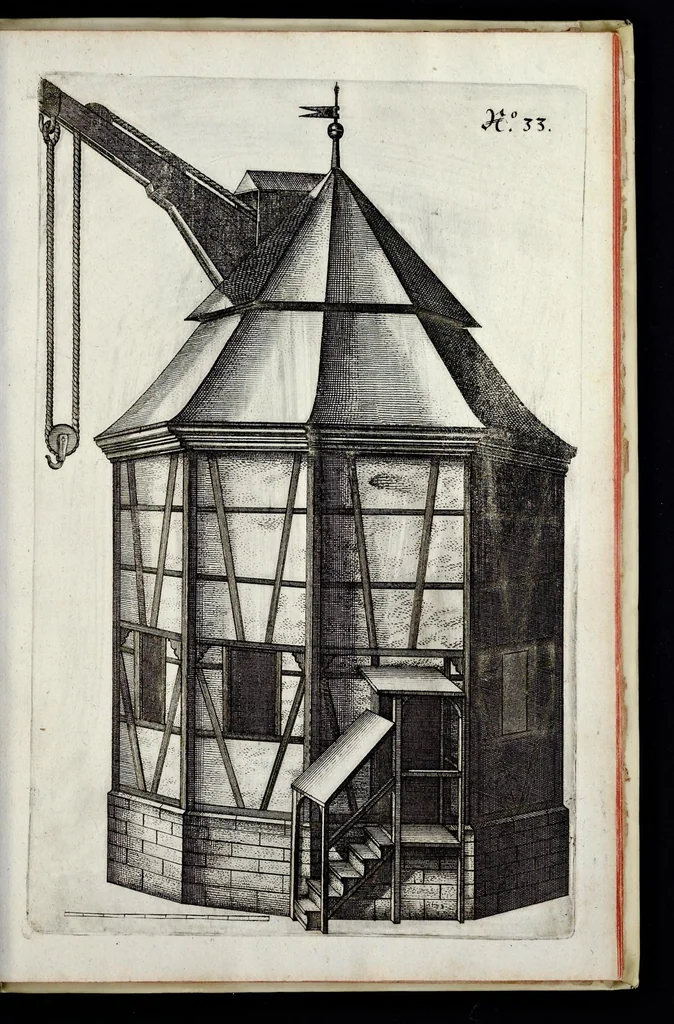 An illustration from Architectura civilis, oder, Beschreibung und Vorreissung vieler vornehmer Dachwerck, als hoher Helmen, Creutzdächer, Wiederkehrungen, welscher Hauben, auch Kelter, Fallbrücken : item allerley Pressen, Schnecken oder Windelstiegen und andern dergleichen mechanischen Fabrichen : alles mit höchsten Fleiss zusammen getragen, und der lieben Jugend, sonderlich aber allen Kunstliebhabern der Architectur zu Nutz und Dienst an Tag gegeben, 1675, leaf 152