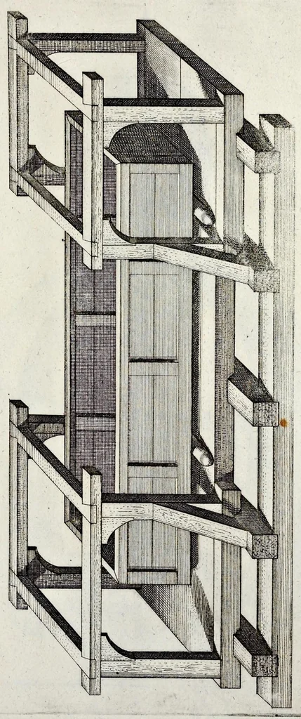 An illustration from Architectura civilis, oder, Beschreibung und Vorreissung vieler vornehmer Dachwerck, als hoher Helmen, Creutzdächer, Wiederkehrungen, welscher Hauben, auch Kelter, Fallbrücken : item allerley Pressen, Schnecken oder Windelstiegen und andern dergleichen mechanischen Fabrichen : alles mit höchsten Fleiss zusammen getragen, und der lieben Jugend, sonderlich aber allen Kunstliebhabern der Architectur zu Nutz und Dienst an Tag gegeben, 1675, leaf 154