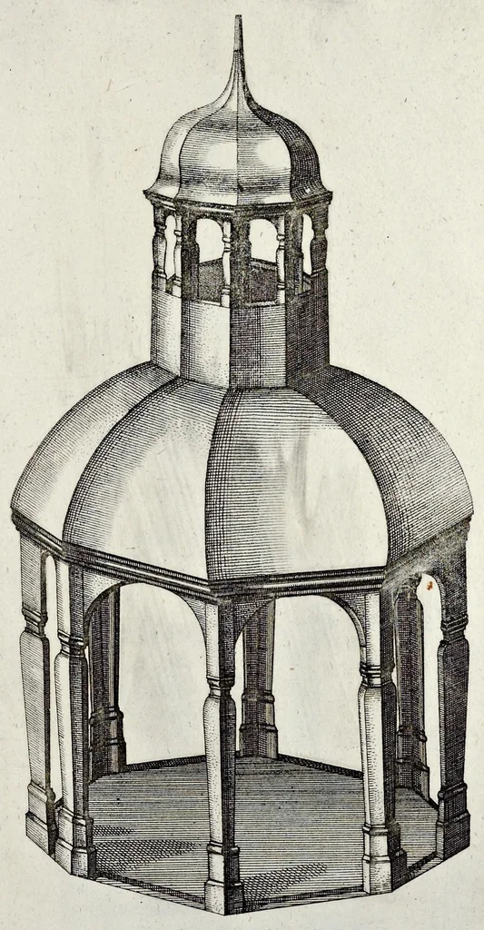 An illustration from Architectura civilis, oder, Beschreibung und Vorreissung vieler vornehmer Dachwerck, als hoher Helmen, Creutzdächer, Wiederkehrungen, welscher Hauben, auch Kelter, Fallbrücken : item allerley Pressen, Schnecken oder Windelstiegen und andern dergleichen mechanischen Fabrichen : alles mit höchsten Fleiss zusammen getragen, und der lieben Jugend, sonderlich aber allen Kunstliebhabern der Architectur zu Nutz und Dienst an Tag gegeben, 1675, leaf 156