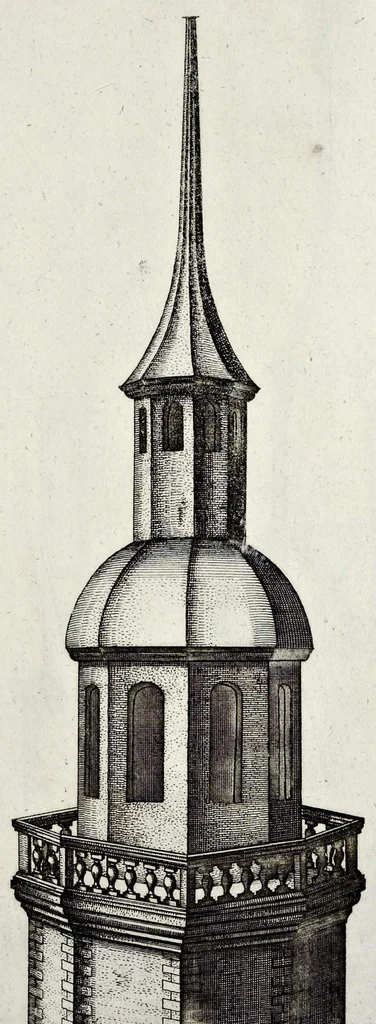An illustration from Architectura civilis, oder, Beschreibung und Vorreissung vieler vornehmer Dachwerck, als hoher Helmen, Creutzdächer, Wiederkehrungen, welscher Hauben, auch Kelter, Fallbrücken : item allerley Pressen, Schnecken oder Windelstiegen und andern dergleichen mechanischen Fabrichen : alles mit höchsten Fleiss zusammen getragen, und der lieben Jugend, sonderlich aber allen Kunstliebhabern der Architectur zu Nutz und Dienst an Tag gegeben, 1675, leaf 158