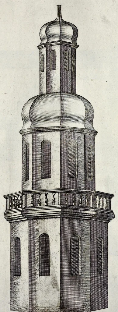 An illustration from Architectura civilis, oder, Beschreibung und Vorreissung vieler vornehmer Dachwerck, als hoher Helmen, Creutzdächer, Wiederkehrungen, welscher Hauben, auch Kelter, Fallbrücken : item allerley Pressen, Schnecken oder Windelstiegen und andern dergleichen mechanischen Fabrichen : alles mit höchsten Fleiss zusammen getragen, und der lieben Jugend, sonderlich aber allen Kunstliebhabern der Architectur zu Nutz und Dienst an Tag gegeben, 1675, leaf 164