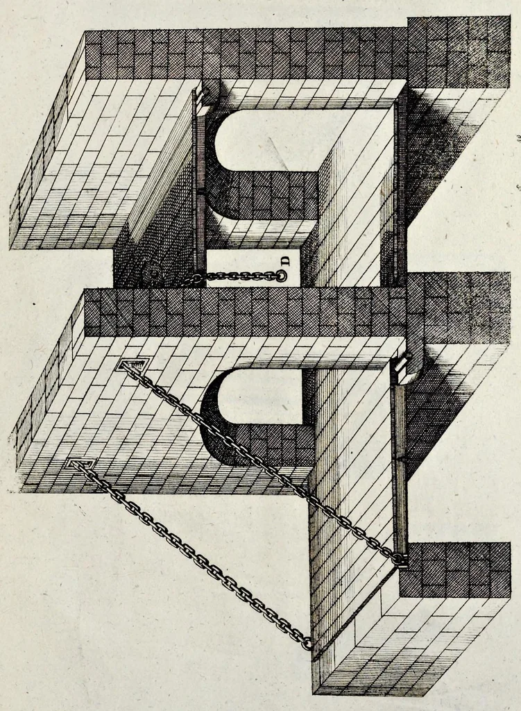 An illustration from Architectura civilis, oder, Beschreibung und Vorreissung vieler vornehmer Dachwerck, als hoher Helmen, Creutzdächer, Wiederkehrungen, welscher Hauben, auch Kelter, Fallbrücken : item allerley Pressen, Schnecken oder Windelstiegen und andern dergleichen mechanischen Fabrichen : alles mit höchsten Fleiss zusammen getragen, und der lieben Jugend, sonderlich aber allen Kunstliebhabern der Architectur zu Nutz und Dienst an Tag gegeben, 1675, leaf 166