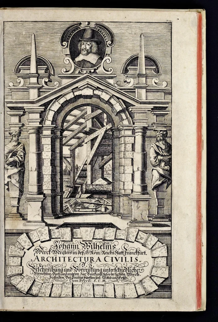 An illustration from Architectura civilis, oder, Beschreibung und Vorreissung vieler vornehmer Dachwerck, als hoher Helmen, Creutzdächer, Wiederkehrungen, welscher Hauben, auch Kelter, Fallbrücken : item allerley Pressen, Schnecken oder Windelstiegen und andern dergleichen mechanischen Fabrichen : alles mit höchsten Fleiss zusammen getragen, und der lieben Jugend, sonderlich aber allen Kunstliebhabern der Architectur zu Nutz und Dienst an Tag gegeben, 1675, leaf 4