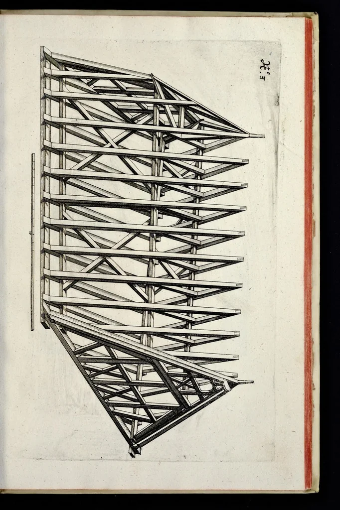 An illustration from Architectura civilis, oder, Beschreibung und Vorreissung vieler vornehmer Dachwerck, als hoher Helmen, Creutzdächer, Wiederkehrungen, welscher Hauben, auch Kelter, Fallbrücken : item allerley Pressen, Schnecken oder Windelstiegen und andern dergleichen mechanischen Fabrichen : alles mit höchsten Fleiss zusammen getragen, und der lieben Jugend, sonderlich aber allen Kunstliebhabern der Architectur zu Nutz und Dienst an Tag gegeben, 1675, leaf 90