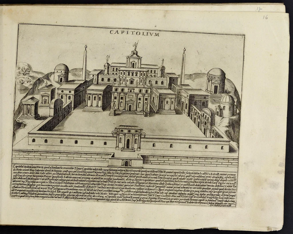 An illustration from Antiqvae vrbis splendor : hoc est præcipva eivsdem templa, amphitheatra, theatra, circi, navmachiæ, arcvs trivmphales, mavsolea aliaqve svmptvosiora ædificia, Pompæ item trivmphalis et colossæarvm imaginvm descriptio, 1612, leaf 36