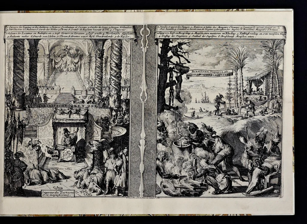 An illustration from Les Indes Orientales et Occidentales, et autres lieux : représenté en très-belles figures, qui montrent au naturel les peuples, moeurs, religions, fêtes, sacrifices, mosquées, idoles, richesses, ceremonies,festins, tribunaux, supplices et esclavages ..., 1685, leaf 86