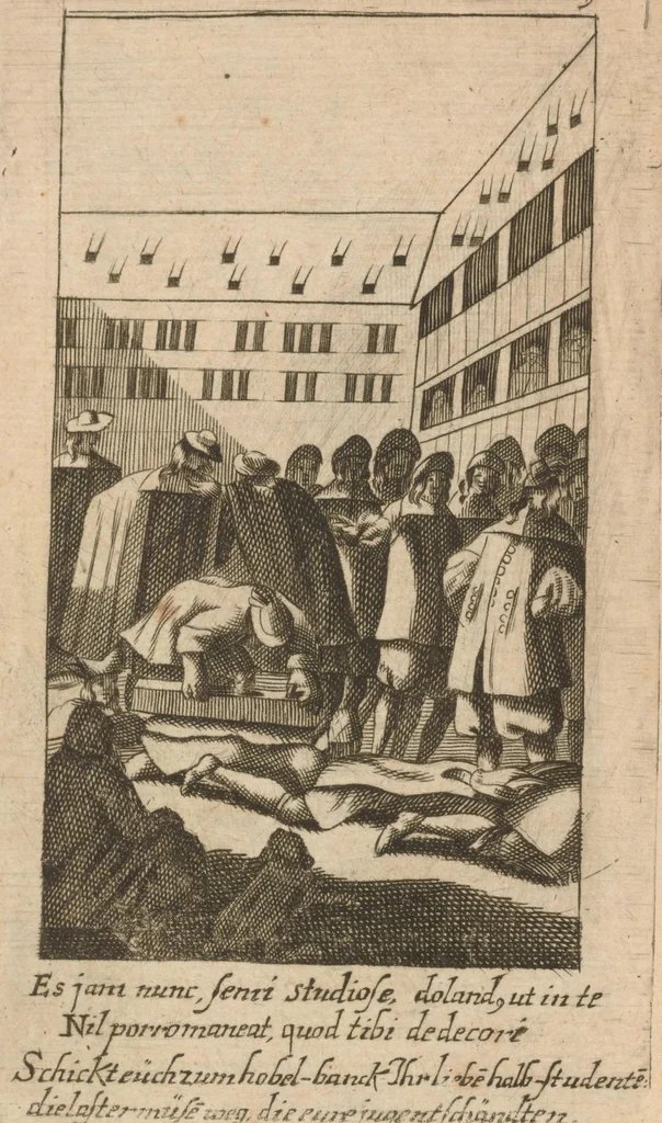 An illustration from Dyas orationum de ritu depositionis, 1666, leaf 85