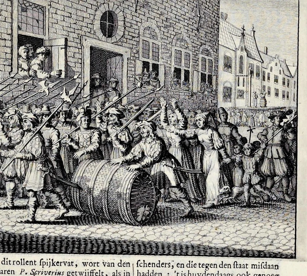 An illustration from Beschryvinge van Amsterdam : zynde een naukeurige verhandelinge van desselfs eerste oorspruk uyt den huyse der heeren van Amstel, en Amstellant : haar vergrootingen, rykdom, en wyze van regeeringe, tot den jare 1691 : voor dezen uit verscheide oude historie-schryvers be eengesteld, en uytgegeven : en nu uit een meenigte van oude schriften, authentyke stukken, en met kopere afbeeldingen verciert, nooit voor desen gedruckt geweest, beschreven, en vermeerdert, 1693, leaf 112