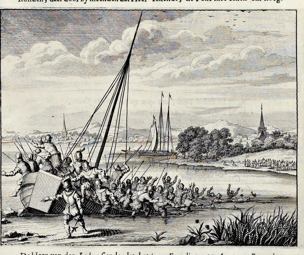 An illustration from Beschryvinge van Amsterdam : zynde een naukeurige verhandelinge van desselfs eerste oorspruk uyt den huyse der heeren van Amstel, en Amstellant : haar vergrootingen, rykdom, en wyze van regeeringe, tot den jare 1691 : voor dezen uit verscheide oude historie-schryvers be eengesteld, en uytgegeven : en nu uit een meenigte van oude schriften, authentyke stukken, en met kopere afbeeldingen verciert, nooit voor desen gedruckt geweest, beschreven, en vermeerdert, 1693, leaf 144