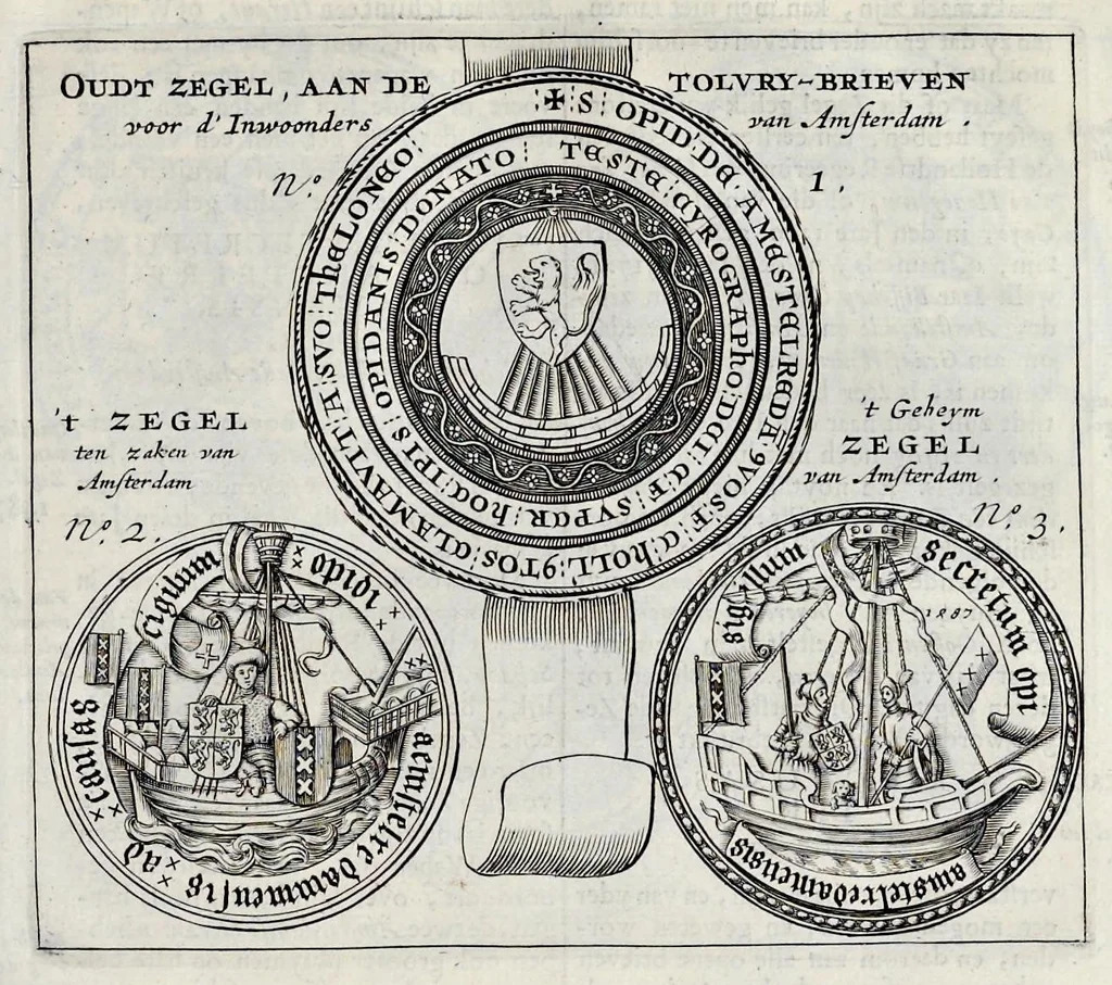 An illustration from Beschryvinge van Amsterdam : zynde een naukeurige verhandelinge van desselfs eerste oorspruk uyt den huyse der heeren van Amstel, en Amstellant : haar vergrootingen, rykdom, en wyze van regeeringe, tot den jare 1691 : voor dezen uit verscheide oude historie-schryvers be eengesteld, en uytgegeven : en nu uit een meenigte van oude schriften, authentyke stukken, en met kopere afbeeldingen verciert, nooit voor desen gedruckt geweest, beschreven, en vermeerdert, 1693, leaf 220