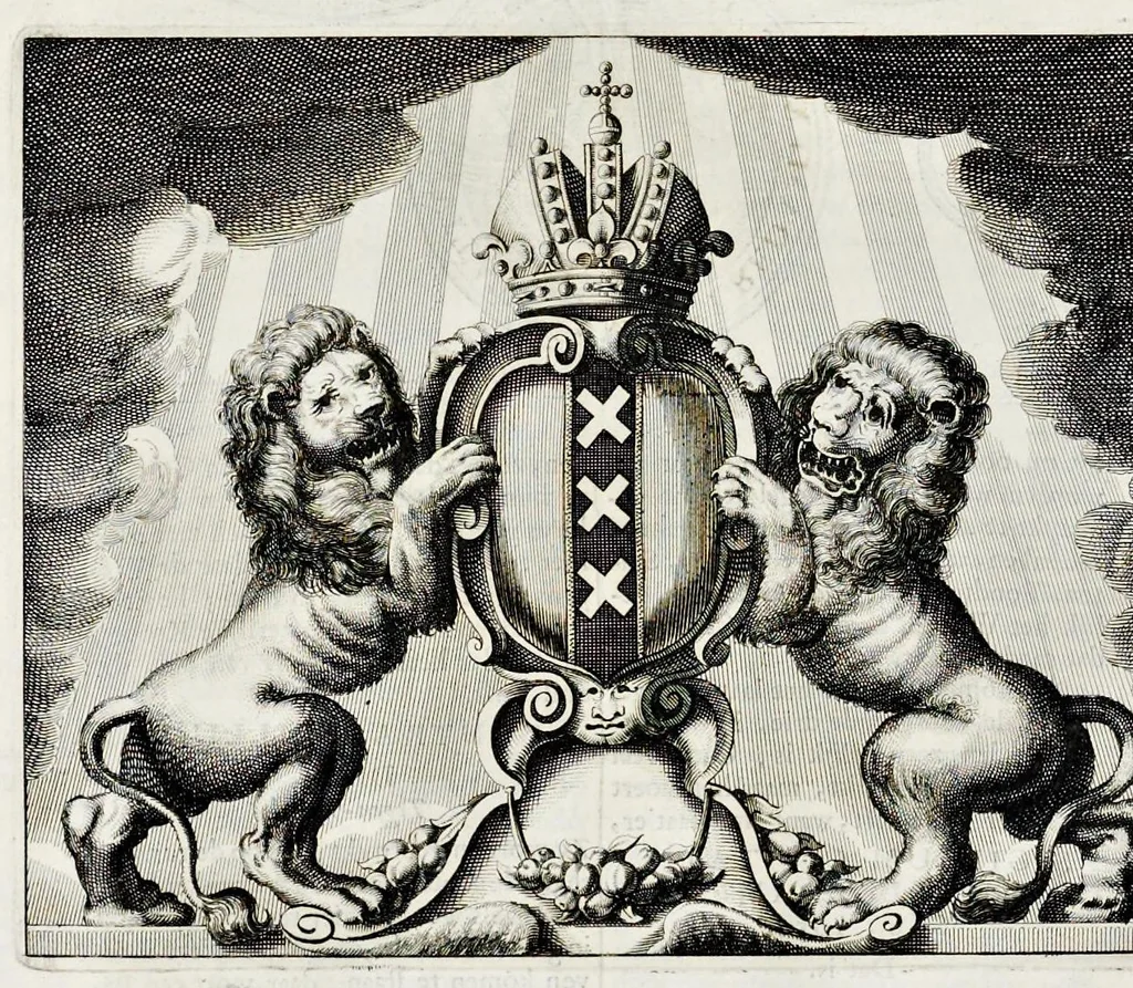 An illustration from Beschryvinge van Amsterdam : zynde een naukeurige verhandelinge van desselfs eerste oorspruk uyt den huyse der heeren van Amstel, en Amstellant : haar vergrootingen, rykdom, en wyze van regeeringe, tot den jare 1691 : voor dezen uit verscheide oude historie-schryvers be eengesteld, en uytgegeven : en nu uit een meenigte van oude schriften, authentyke stukken, en met kopere afbeeldingen verciert, nooit voor desen gedruckt geweest, beschreven, en vermeerdert, 1693, leaf 223