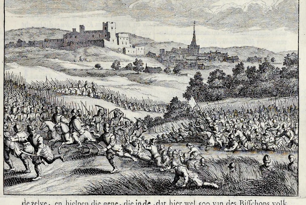 An illustration from Beschryvinge van Amsterdam : zynde een naukeurige verhandelinge van desselfs eerste oorspruk uyt den huyse der heeren van Amstel, en Amstellant : haar vergrootingen, rykdom, en wyze van regeeringe, tot den jare 1691 : voor dezen uit verscheide oude historie-schryvers be eengesteld, en uytgegeven : en nu uit een meenigte van oude schriften, authentyke stukken, en met kopere afbeeldingen verciert, nooit voor desen gedruckt geweest, beschreven, en vermeerdert, 1693, leaf 54