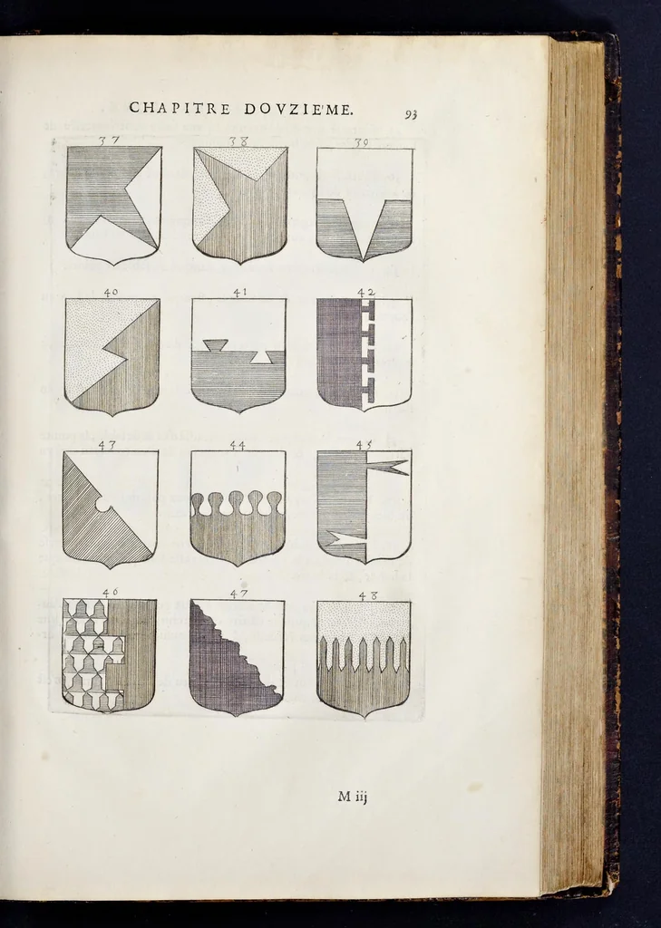 An illustration from La science heroique : traitant de la noblesse et de l'origine des armes, de leurs blasons & symboles : des timbres, bourlets, couronnes, cimiers, lambrequins, supports, tenans, & autres ornamens de l'ecu : de la devise & du cry de guerre, de l'ecu pendant, des pas & emprises des anciens chevaliers, & des formes differentes de leurs tombeaux : et enfin des marques exterieures de l'ecu de nos rois, des reines, enfans de France, & des officiers de la couronne, & de la maison du roy, 1669, leaf 114