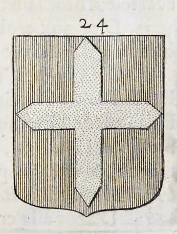 An illustration from La science heroique : traitant de la noblesse et de l'origine des armes, de leurs blasons & symboles : des timbres, bourlets, couronnes, cimiers, lambrequins, supports, tenans, & autres ornamens de l'ecu : de la devise & du cry de guerre, de l'ecu pendant, des pas & emprises des anciens chevaliers, & des formes differentes de leurs tombeaux : et enfin des marques exterieures de l'ecu de nos rois, des reines, enfans de France, & des officiers de la couronne, & de la maison du roy, 1669, leaf 166