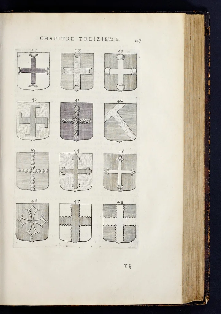 An illustration from La science heroique : traitant de la noblesse et de l'origine des armes, de leurs blasons & symboles : des timbres, bourlets, couronnes, cimiers, lambrequins, supports, tenans, & autres ornamens de l'ecu : de la devise & du cry de guerre, de l'ecu pendant, des pas & emprises des anciens chevaliers, & des formes differentes de leurs tombeaux : et enfin des marques exterieures de l'ecu de nos rois, des reines, enfans de France, & des officiers de la couronne, & de la maison du roy, 1669, leaf 170