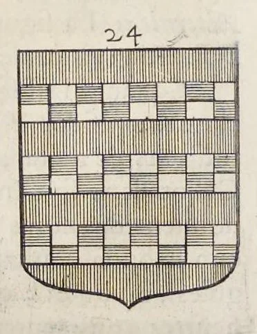 An illustration from La science heroique : traitant de la noblesse et de l'origine des armes, de leurs blasons & symboles : des timbres, bourlets, couronnes, cimiers, lambrequins, supports, tenans, & autres ornamens de l'ecu : de la devise & du cry de guerre, de l'ecu pendant, des pas & emprises des anciens chevaliers, & des formes differentes de leurs tombeaux : et enfin des marques exterieures de l'ecu de nos rois, des reines, enfans de France, & des officiers de la couronne, & de la maison du roy, 1669, leaf 184