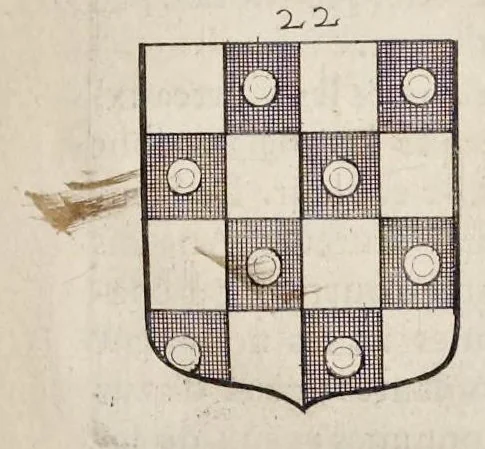 An illustration from La science heroique : traitant de la noblesse et de l'origine des armes, de leurs blasons & symboles : des timbres, bourlets, couronnes, cimiers, lambrequins, supports, tenans, & autres ornamens de l'ecu : de la devise & du cry de guerre, de l'ecu pendant, des pas & emprises des anciens chevaliers, & des formes differentes de leurs tombeaux : et enfin des marques exterieures de l'ecu de nos rois, des reines, enfans de France, & des officiers de la couronne, & de la maison du roy, 1669, leaf 184