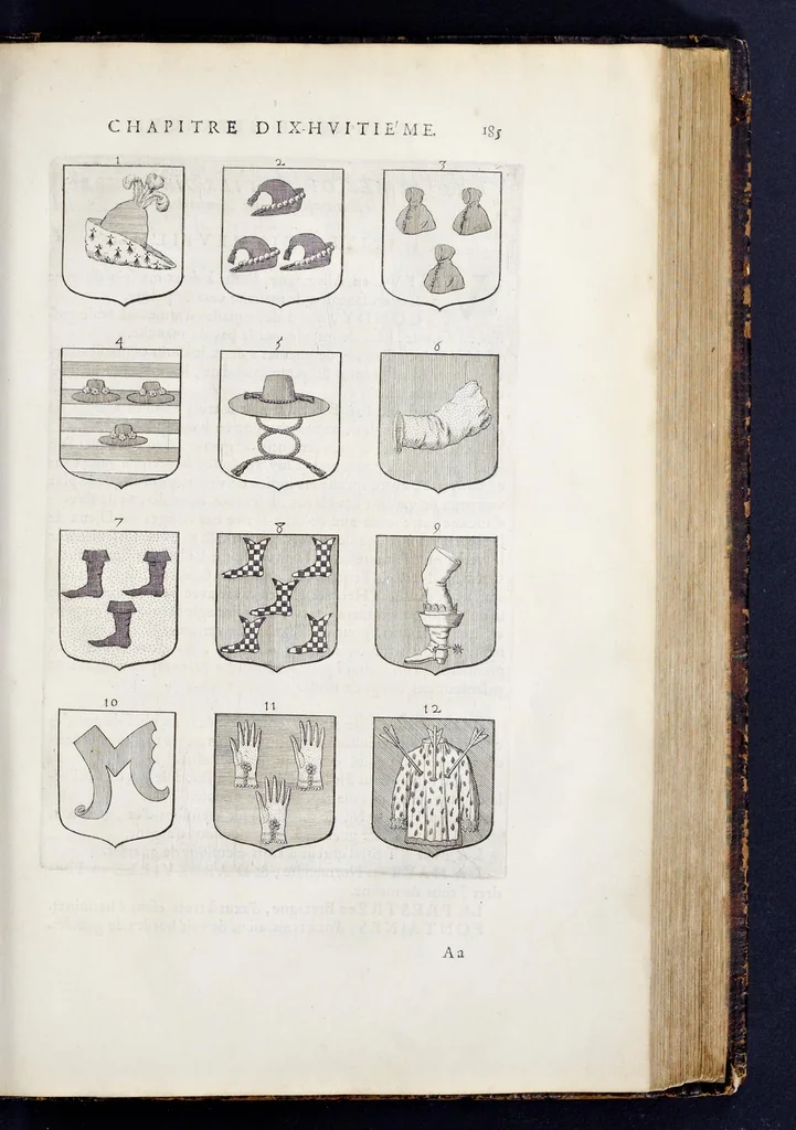 An illustration from La science heroique : traitant de la noblesse et de l'origine des armes, de leurs blasons & symboles : des timbres, bourlets, couronnes, cimiers, lambrequins, supports, tenans, & autres ornamens de l'ecu : de la devise & du cry de guerre, de l'ecu pendant, des pas & emprises des anciens chevaliers, & des formes differentes de leurs tombeaux : et enfin des marques exterieures de l'ecu de nos rois, des reines, enfans de France, & des officiers de la couronne, & de la maison du roy, 1669, leaf 208