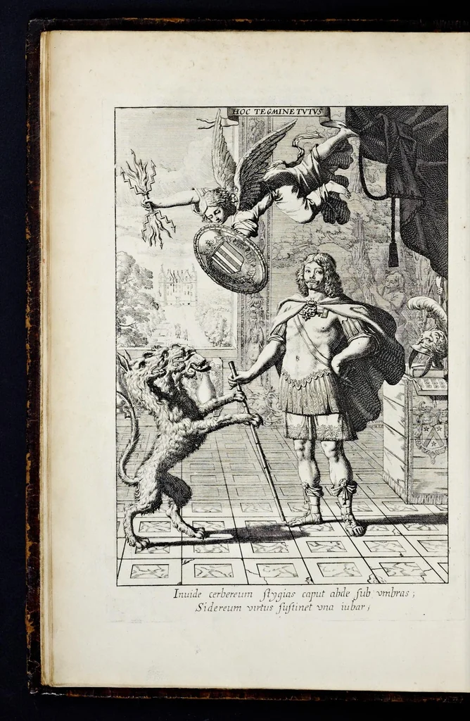 An illustration from La science heroique : traitant de la noblesse et de l'origine des armes, de leurs blasons & symboles : des timbres, bourlets, couronnes, cimiers, lambrequins, supports, tenans, & autres ornamens de l'ecu : de la devise & du cry de guerre, de l'ecu pendant, des pas & emprises des anciens chevaliers, & des formes differentes de leurs tombeaux : et enfin des marques exterieures de l'ecu de nos rois, des reines, enfans de France, & des officiers de la couronne, & de la maison du roy, 1669, leaf 21
