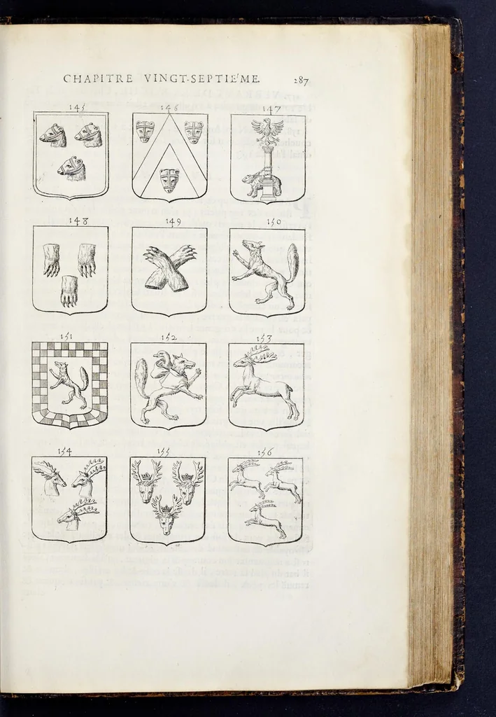 An illustration from La science heroique : traitant de la noblesse et de l'origine des armes, de leurs blasons & symboles : des timbres, bourlets, couronnes, cimiers, lambrequins, supports, tenans, & autres ornamens de l'ecu : de la devise & du cry de guerre, de l'ecu pendant, des pas & emprises des anciens chevaliers, & des formes differentes de leurs tombeaux : et enfin des marques exterieures de l'ecu de nos rois, des reines, enfans de France, & des officiers de la couronne, & de la maison du roy, 1669, leaf 310