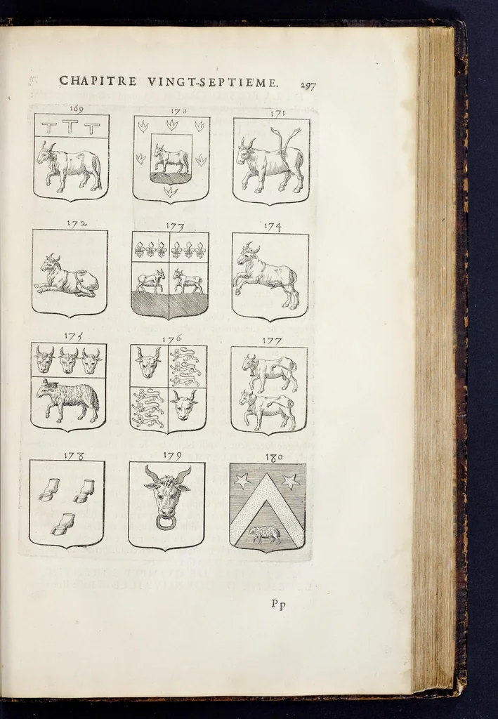 An illustration from La science heroique : traitant de la noblesse et de l'origine des armes, de leurs blasons & symboles : des timbres, bourlets, couronnes, cimiers, lambrequins, supports, tenans, & autres ornamens de l'ecu : de la devise & du cry de guerre, de l'ecu pendant, des pas & emprises des anciens chevaliers, & des formes differentes de leurs tombeaux : et enfin des marques exterieures de l'ecu de nos rois, des reines, enfans de France, & des officiers de la couronne, & de la maison du roy, 1669, leaf 320