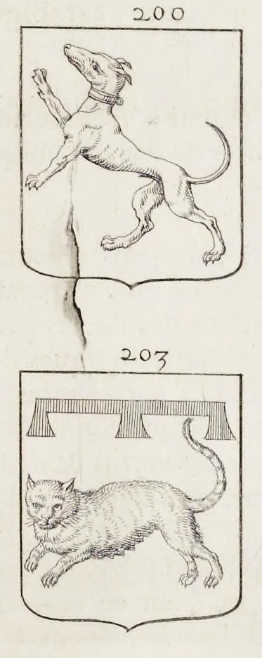 An illustration from La science heroique : traitant de la noblesse et de l'origine des armes, de leurs blasons & symboles : des timbres, bourlets, couronnes, cimiers, lambrequins, supports, tenans, & autres ornamens de l'ecu : de la devise & du cry de guerre, de l'ecu pendant, des pas & emprises des anciens chevaliers, & des formes differentes de leurs tombeaux : et enfin des marques exterieures de l'ecu de nos rois, des reines, enfans de France, & des officiers de la couronne, & de la maison du roy, 1669, leaf 328