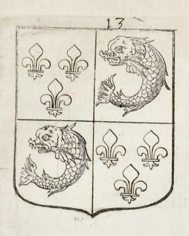 An illustration from La science heroique : traitant de la noblesse et de l'origine des armes, de leurs blasons & symboles : des timbres, bourlets, couronnes, cimiers, lambrequins, supports, tenans, & autres ornamens de l'ecu : de la devise & du cry de guerre, de l'ecu pendant, des pas & emprises des anciens chevaliers, & des formes differentes de leurs tombeaux : et enfin des marques exterieures de l'ecu de nos rois, des reines, enfans de France, & des officiers de la couronne, & de la maison du roy, 1669, leaf 354