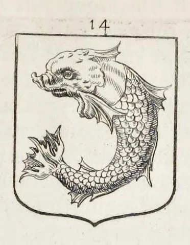 An illustration from La science heroique : traitant de la noblesse et de l'origine des armes, de leurs blasons & symboles : des timbres, bourlets, couronnes, cimiers, lambrequins, supports, tenans, & autres ornamens de l'ecu : de la devise & du cry de guerre, de l'ecu pendant, des pas & emprises des anciens chevaliers, & des formes differentes de leurs tombeaux : et enfin des marques exterieures de l'ecu de nos rois, des reines, enfans de France, & des officiers de la couronne, & de la maison du roy, 1669, leaf 354