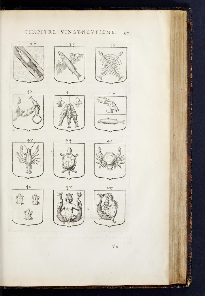 An illustration from La science heroique : traitant de la noblesse et de l'origine des armes, de leurs blasons & symboles : des timbres, bourlets, couronnes, cimiers, lambrequins, supports, tenans, & autres ornamens de l'ecu : de la devise & du cry de guerre, de l'ecu pendant, des pas & emprises des anciens chevaliers, & des formes differentes de leurs tombeaux : et enfin des marques exterieures de l'ecu de nos rois, des reines, enfans de France, & des officiers de la couronne, & de la maison du roy, 1669, leaf 360