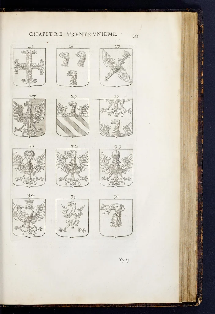 An illustration from La science heroique : traitant de la noblesse et de l'origine des armes, de leurs blasons & symboles : des timbres, bourlets, couronnes, cimiers, lambrequins, supports, tenans, & autres ornamens de l'ecu : de la devise & du cry de guerre, de l'ecu pendant, des pas & emprises des anciens chevaliers, & des formes differentes de leurs tombeaux : et enfin des marques exterieures de l'ecu de nos rois, des reines, enfans de France, & des officiers de la couronne, & de la maison du roy, 1669, leaf 378