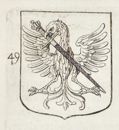 An illustration from La science heroique : traitant de la noblesse et de l'origine des armes, de leurs blasons & symboles : des timbres, bourlets, couronnes, cimiers, lambrequins, supports, tenans, & autres ornamens de l'ecu : de la devise & du cry de guerre, de l'ecu pendant, des pas & emprises des anciens chevaliers, & des formes differentes de leurs tombeaux : et enfin des marques exterieures de l'ecu de nos rois, des reines, enfans de France, & des officiers de la couronne, & de la maison du roy, 1669, leaf 382