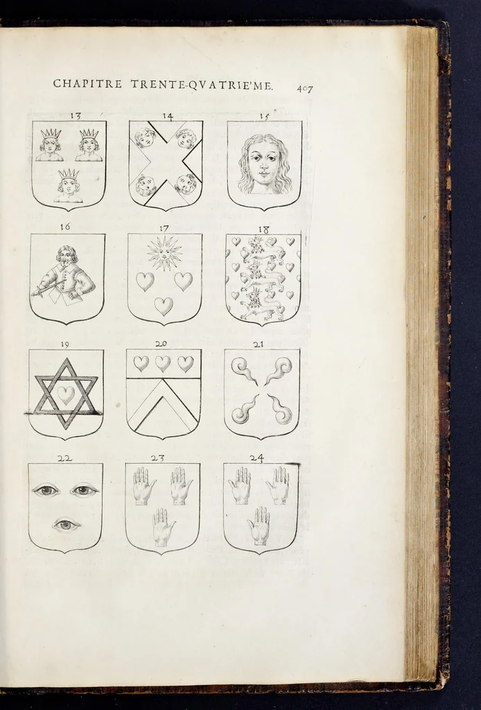An illustration from La science heroique : traitant de la noblesse et de l'origine des armes, de leurs blasons & symboles : des timbres, bourlets, couronnes, cimiers, lambrequins, supports, tenans, & autres ornamens de l'ecu : de la devise & du cry de guerre, de l'ecu pendant, des pas & emprises des anciens chevaliers, & des formes differentes de leurs tombeaux : et enfin des marques exterieures de l'ecu de nos rois, des reines, enfans de France, & des officiers de la couronne, & de la maison du roy, 1669, leaf 430