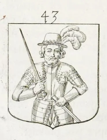 An illustration from La science heroique : traitant de la noblesse et de l'origine des armes, de leurs blasons & symboles : des timbres, bourlets, couronnes, cimiers, lambrequins, supports, tenans, & autres ornamens de l'ecu : de la devise & du cry de guerre, de l'ecu pendant, des pas & emprises des anciens chevaliers, & des formes differentes de leurs tombeaux : et enfin des marques exterieures de l'ecu de nos rois, des reines, enfans de France, & des officiers de la couronne, & de la maison du roy, 1669, leaf 437