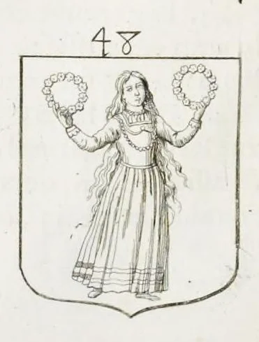 An illustration from La science heroique : traitant de la noblesse et de l'origine des armes, de leurs blasons & symboles : des timbres, bourlets, couronnes, cimiers, lambrequins, supports, tenans, & autres ornamens de l'ecu : de la devise & du cry de guerre, de l'ecu pendant, des pas & emprises des anciens chevaliers, & des formes differentes de leurs tombeaux : et enfin des marques exterieures de l'ecu de nos rois, des reines, enfans de France, & des officiers de la couronne, & de la maison du roy, 1669, leaf 437
