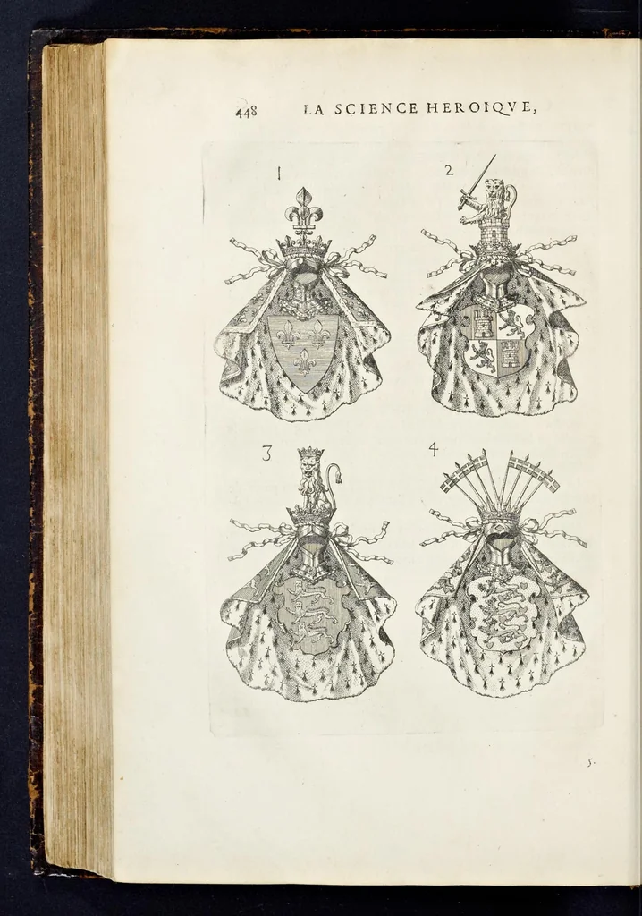 An illustration from La science heroique : traitant de la noblesse et de l'origine des armes, de leurs blasons & symboles : des timbres, bourlets, couronnes, cimiers, lambrequins, supports, tenans, & autres ornamens de l'ecu : de la devise & du cry de guerre, de l'ecu pendant, des pas & emprises des anciens chevaliers, & des formes differentes de leurs tombeaux : et enfin des marques exterieures de l'ecu de nos rois, des reines, enfans de France, & des officiers de la couronne, & de la maison du roy, 1669, leaf 471