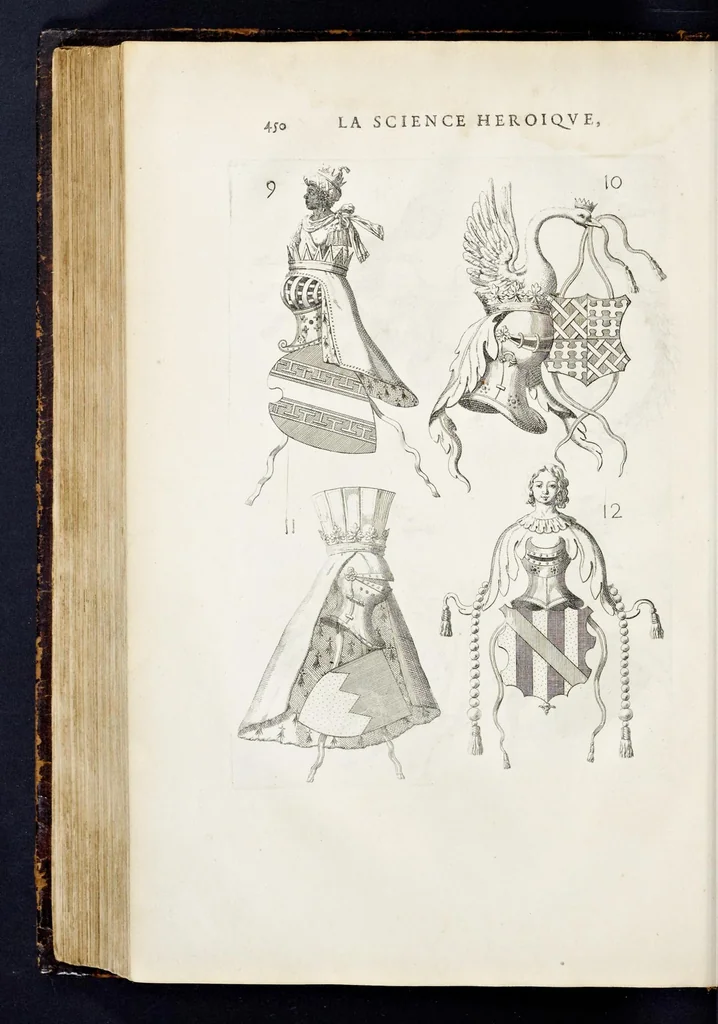 An illustration from La science heroique : traitant de la noblesse et de l'origine des armes, de leurs blasons & symboles : des timbres, bourlets, couronnes, cimiers, lambrequins, supports, tenans, & autres ornamens de l'ecu : de la devise & du cry de guerre, de l'ecu pendant, des pas & emprises des anciens chevaliers, & des formes differentes de leurs tombeaux : et enfin des marques exterieures de l'ecu de nos rois, des reines, enfans de France, & des officiers de la couronne, & de la maison du roy, 1669, leaf 473