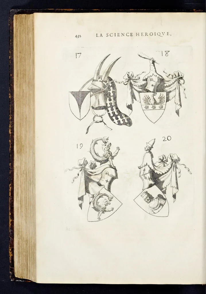 An illustration from La science heroique : traitant de la noblesse et de l'origine des armes, de leurs blasons & symboles : des timbres, bourlets, couronnes, cimiers, lambrequins, supports, tenans, & autres ornamens de l'ecu : de la devise & du cry de guerre, de l'ecu pendant, des pas & emprises des anciens chevaliers, & des formes differentes de leurs tombeaux : et enfin des marques exterieures de l'ecu de nos rois, des reines, enfans de France, & des officiers de la couronne, & de la maison du roy, 1669, leaf 475