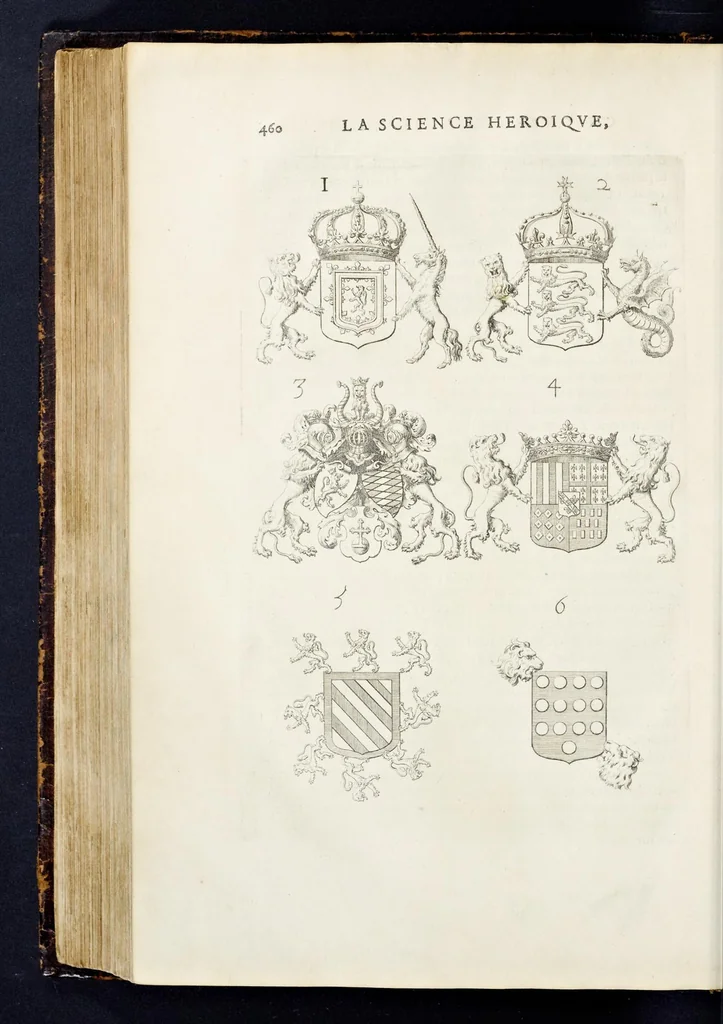 An illustration from La science heroique : traitant de la noblesse et de l'origine des armes, de leurs blasons & symboles : des timbres, bourlets, couronnes, cimiers, lambrequins, supports, tenans, & autres ornamens de l'ecu : de la devise & du cry de guerre, de l'ecu pendant, des pas & emprises des anciens chevaliers, & des formes differentes de leurs tombeaux : et enfin des marques exterieures de l'ecu de nos rois, des reines, enfans de France, & des officiers de la couronne, & de la maison du roy, 1669, leaf 483