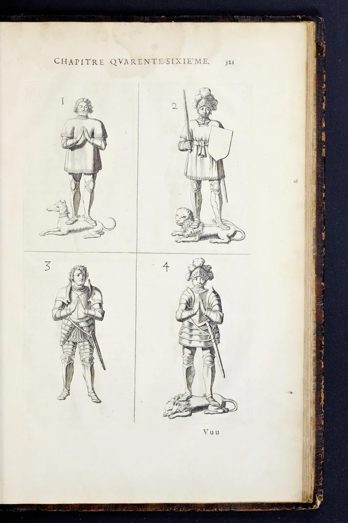 An illustration from La science heroique : traitant de la noblesse et de l'origine des armes, de leurs blasons & symboles : des timbres, bourlets, couronnes, cimiers, lambrequins, supports, tenans, & autres ornamens de l'ecu : de la devise & du cry de guerre, de l'ecu pendant, des pas & emprises des anciens chevaliers, & des formes differentes de leurs tombeaux : et enfin des marques exterieures de l'ecu de nos rois, des reines, enfans de France, & des officiers de la couronne, & de la maison du roy, 1669, leaf 544