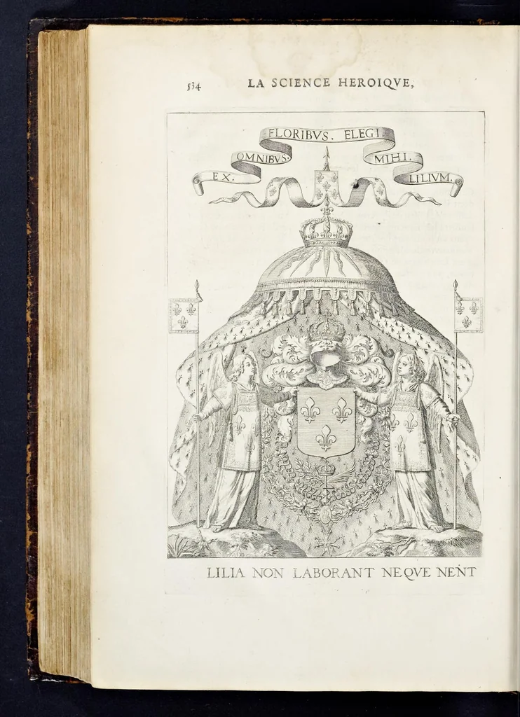 An illustration from La science heroique : traitant de la noblesse et de l'origine des armes, de leurs blasons & symboles : des timbres, bourlets, couronnes, cimiers, lambrequins, supports, tenans, & autres ornamens de l'ecu : de la devise & du cry de guerre, de l'ecu pendant, des pas & emprises des anciens chevaliers, & des formes differentes de leurs tombeaux : et enfin des marques exterieures de l'ecu de nos rois, des reines, enfans de France, & des officiers de la couronne, & de la maison du roy, 1669, leaf 557