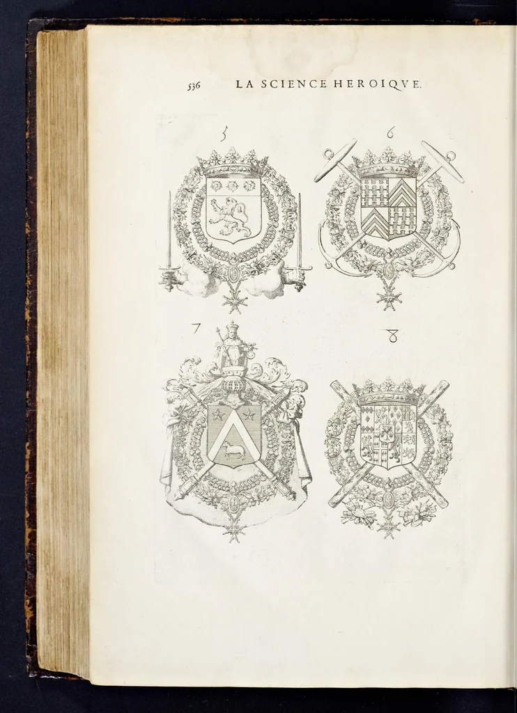 An illustration from La science heroique : traitant de la noblesse et de l'origine des armes, de leurs blasons & symboles : des timbres, bourlets, couronnes, cimiers, lambrequins, supports, tenans, & autres ornamens de l'ecu : de la devise & du cry de guerre, de l'ecu pendant, des pas & emprises des anciens chevaliers, & des formes differentes de leurs tombeaux : et enfin des marques exterieures de l'ecu de nos rois, des reines, enfans de France, & des officiers de la couronne, & de la maison du roy, 1669, leaf 559