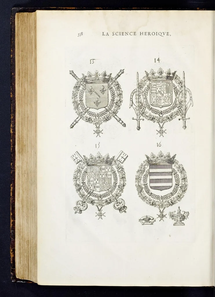 An illustration from La science heroique : traitant de la noblesse et de l'origine des armes, de leurs blasons & symboles : des timbres, bourlets, couronnes, cimiers, lambrequins, supports, tenans, & autres ornamens de l'ecu : de la devise & du cry de guerre, de l'ecu pendant, des pas & emprises des anciens chevaliers, & des formes differentes de leurs tombeaux : et enfin des marques exterieures de l'ecu de nos rois, des reines, enfans de France, & des officiers de la couronne, & de la maison du roy, 1669, leaf 561