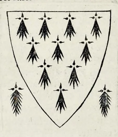An illustration from La science heroique : traitant de la noblesse et de l'origine des armes, de leurs blasons & symboles : des timbres, bourlets, couronnes, cimiers, lambrequins, supports, tenans, & autres ornamens de l'ecu : de la devise & du cry de guerre, de l'ecu pendant, des pas & emprises des anciens chevaliers, & des formes differentes de leurs tombeaux : et enfin des marques exterieures de l'ecu de nos rois, des reines, enfans de France, & des officiers de la couronne, & de la maison du roy, 1669, leaf 73